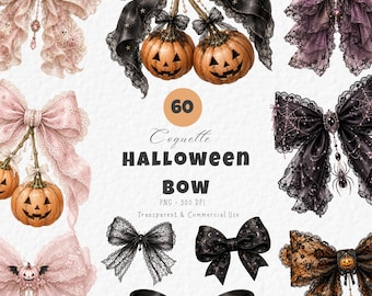Halloween Coquette Bow Clipart, Watercolor Ribbon PNG Bundle, Spooky Cute Pink Purple Orange Black Ribbon PNG (60 Images)