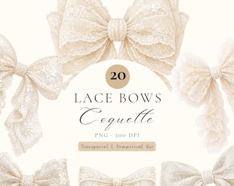 Lace Bow Clipart PNG, Coquette Lace Bow Bundle, Vintage Lace Ribbon Clipart, Wedding Bow PNG, Cottagecore Bow Transparent, Commercial Use
