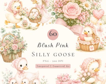 Blush Pink Goose Watercolor Clipart PNG, Silly Goose Baby Shower, Duck Nursery Clipart, Goose Clipart Bundle, Transparent PNG Sublimation