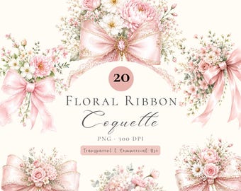 Coquette Floral Ribbon Clipart Bundle, Watercolor Bow PNG Digital Download ,Wedding Clipart, Transparent Background,