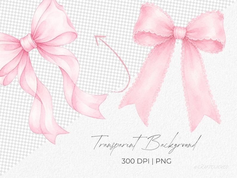 May include: Two watercolor illustrations of pink bows with flowing ribbons. One bow is a classic style, and the other has a scalloped edge. The text "Transparent Background" is written in cursive below the bows, along with "300 DPI | PNG".