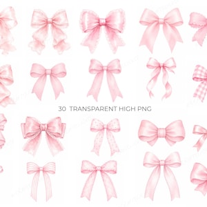 May include: A collection of 30 watercolor-style pink bows in various designs. The bows vary in size and style, with some featuring lace or patterned details. The text "30 TRANSPARENT HIGH PNG" is visible.