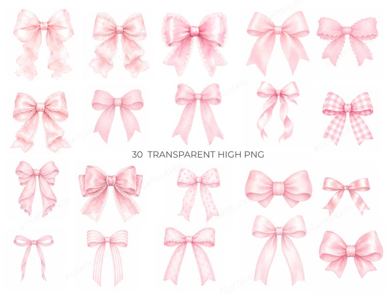 May include: A collection of 30 watercolor-style pink bows in various designs. The bows vary in size and style, with some featuring lace or patterned details. The text "30 TRANSPARENT HIGH PNG" is visible.