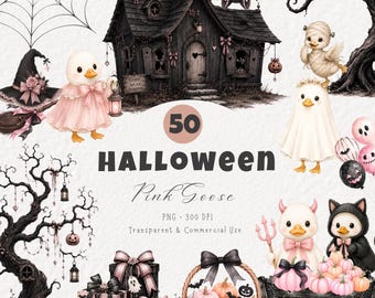 Halloween Pink Goose Coquette Clipart PNG | 50 Watercolor Spooky Animals PNG  | Dark Aesthetic Digital Download