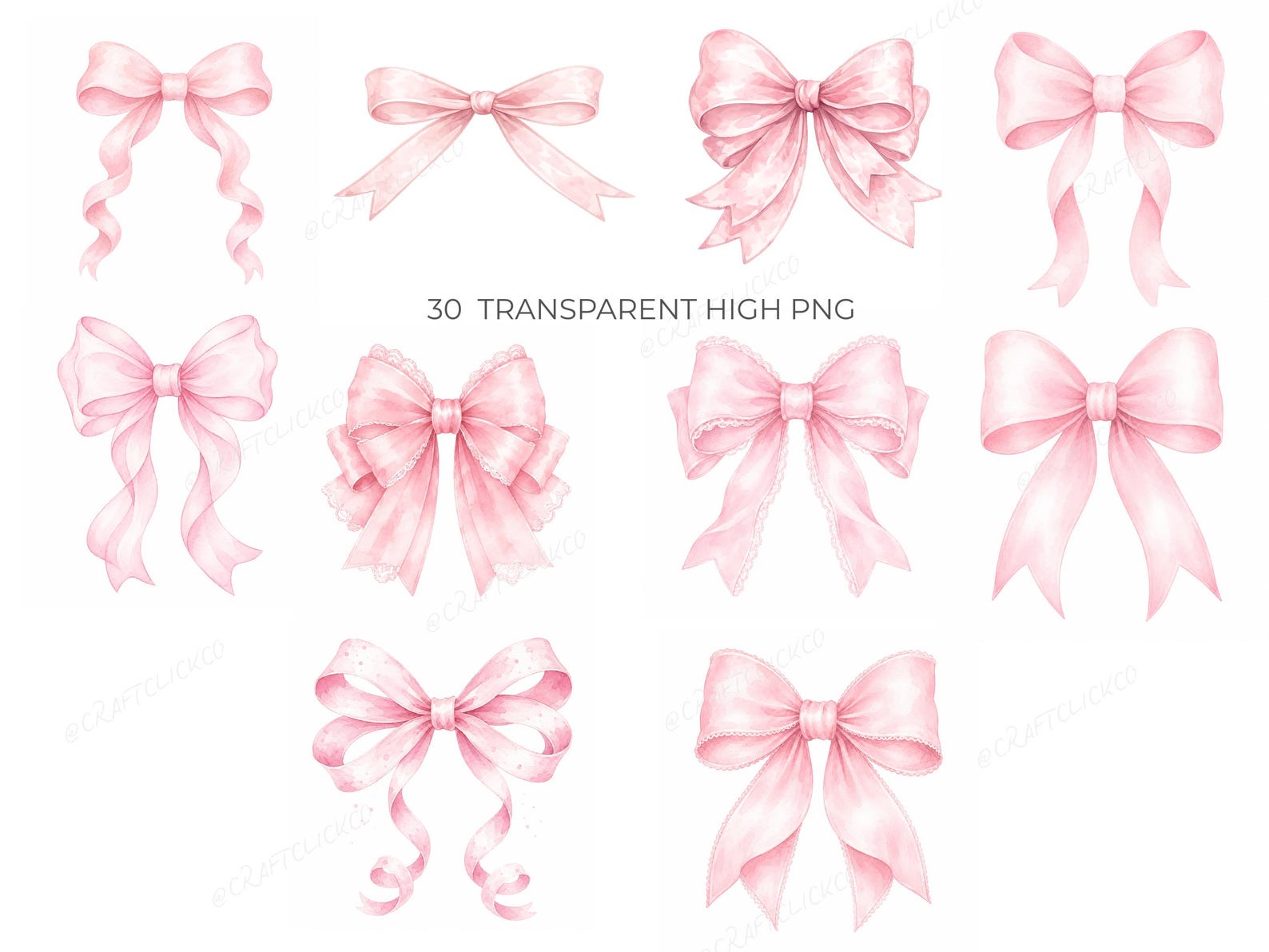 Coquette Pink Bow Clipart, Watercolor Ribbon PNG Bundle, Watercolor Bow ...
