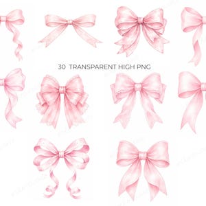 May include: A collection of ten watercolor-style pink bows with varying designs. Some bows have long, flowing ribbons, while others are more compact. The text "30 TRANSPARENT HIGH PNG" is visible in the center of the image.