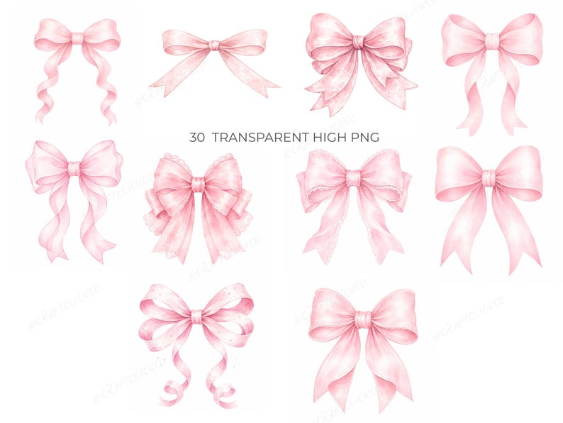 May include: A collection of ten watercolor-style pink bows with varying designs. Some bows have long, flowing ribbons, while others are more compact. The text "30 TRANSPARENT HIGH PNG" is visible in the center of the image.