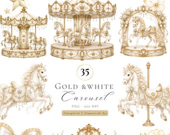 Gold & White Carousel Watercolor Clipart, Carousel Horse, Transparent Png, Watercolor Merry-Go-Round PNG (Digital Download)