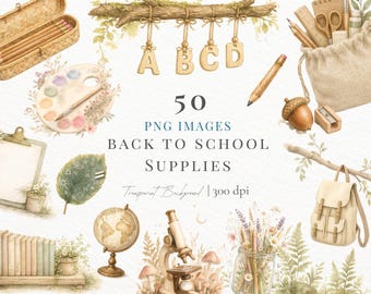 Cottagecore Watercolor School Supplies Clipart Bundle (PNG)