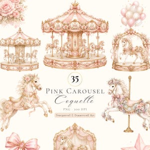 May include: A collection of digital illustrations featuring pink carousel horses, ornate merry-go-rounds, floral arrangements, and bows. The central text reads 35 PINK CAROUSEL Coquette PNG 300 DPI Transparent & Commercial Use on a light background.