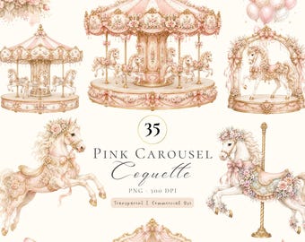 Pink Carousel Clipart Bundle | Watercolor Merry-Go-Round PNG (Digital Download)