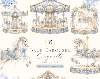 Blue Carousel Clipart Bundle | Watercolor Merry-Go-Round PNG (Digital Download)