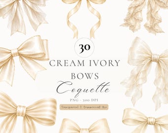 Cream Ivory Bow Clipart PNG Bundle,  Watercolor Champagne Beige Satin Lace Bows, Transparent, Coquette Wedding Digital Download (30 Images)