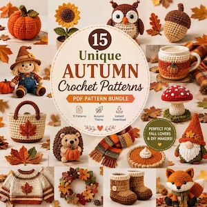 Op de afbeelding: Een verzameling van 15 haakpatronen met herfstthema's zoals een pompoen, zonnebloem, uil, eikel, vogelverschrikker, mokwarmer, paddenstoel, mand, egel, sjaal, taart, kabouter, trui, krans, slofjes en een vos met de tekst 15 Unique AUTUMN Crochet Patterns.