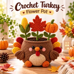 Virkat mönster för kalkonblomkruka i PDF-format, bordsdekorationer för Thanksgiving, handledning för amigurumi-kalkon, höstdekorationer för heminredning, julpyssel, digital fil