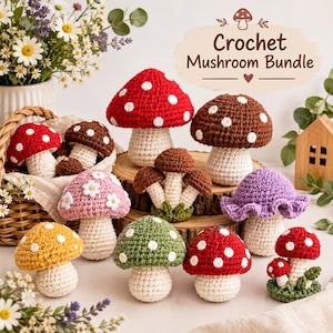 May include: A collection of crocheted mushrooms in various colors including red, brown, yellow, green, and purple, featuring white spots and some with white flower accents. The text "Crochet Mushroom Bundle" is displayed at the top right.