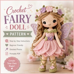 May include: A crochet fairy doll with long brown hair, a flower crown, and lavender wings. The doll wears a pink petal skirt and green lace-up shoes. Text on the image reads: Crochet FAIRY DOLL PATTERN, Step-by-Step Instructions, Beginner Friendly, Detailed Photos, Printable PDF, Create Your Own Magic!