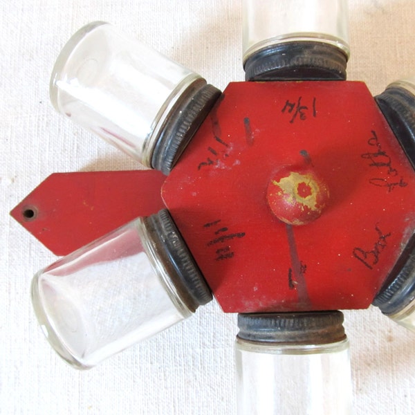 Vintage Red Wood Rotating Glass Jar Parts Organizer