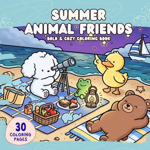 Può includere: Una copertina di un libro da colorare con il titolo "Summer Animal Friends" e il sottotitolo "Bold & Cozy Coloring Book". L'illustrazione presenta animali dei cartoni animati su una spiaggia, tra cui un cane con un telescopio, un'anatra, un orso e una rana. Il libro ha 30 pagine da colorare.