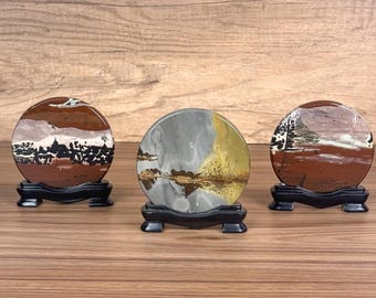 Polished Picture Jasper With Wood Stand, Picture Jasper Round Screen, One Of A Kind Stone Art