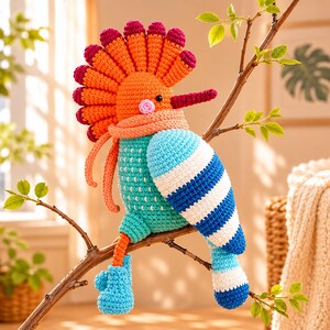 May include: A crocheted bird toy featuring a bright orange head with a large, fan-shaped crest, a long beak, and a peach-colored scarf. The body is teal with white accents, while the wings display blue and white stripes. It has blue feet.
