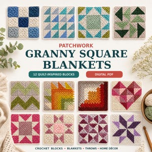 Patchwork Granny Square Crochet Blanket Patterns | 12 Quilt Blocks (PDF)