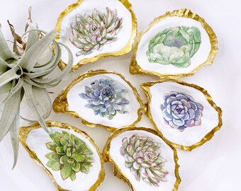 Succulent Oyster Shell Ring Dish |  Decoupage Ring Dish Trinket | Mother&#39;s Day Succulent Gift | Oyster Trinket Dish with Succulent