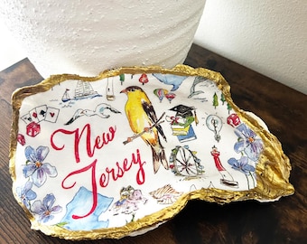 New Jersey Large Jumbo Oyster Shell Ring Dish, One-of-a-Kind Decoupage Oyster Shell