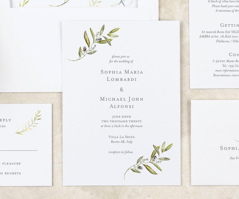 Italian Olives Wedding Invitation Minimalist Tuscany Etsy