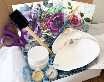 DIY Clam Shell Decoupage Mini Kit, Make your own Trinket, Coastal Flower Craft, Seaside Art, Mother&#39;s Day Craft, Floral Trinket,