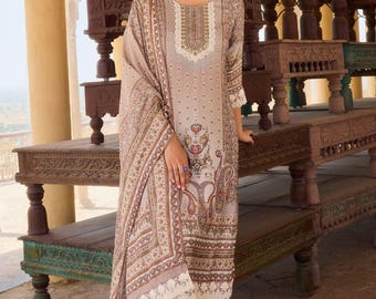 Elegant Beige Paisley Embroidered Pakistani Salwar Kameez Set with Dupatta for Women