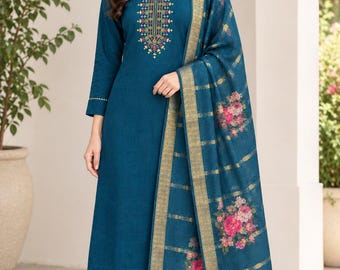 Elegantes, petrolgrünes, besticktes Salwar-Kurta-Set mit floralem Dupatta für Damen