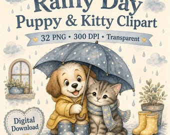 Pacote de imagens PNG de filhotes e gatinhos em dias chuvosos, adesivos de cachorros e gatos com tema de clima em aquarela para download digital.
