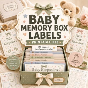 Etiketter för babyminnesaskar, utskrivbart kit, minnesboksorganisatör (digital nedladdning)