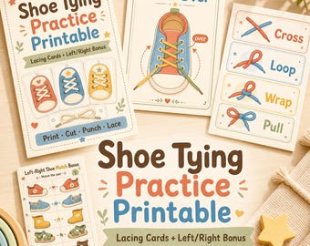 Toddler Shoe Tying Practice Printable, Lacing Cards PDF, Preschool Fine Motor Activity, Learn to Tie Shoes