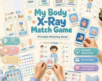 My Body X-Ray Match Game Printable, Preschool Body Parts Activity, Pretend Doctor Matching Game PDF