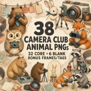 May include: A digital collection of 38 Camera Club Animal PNGs featuring illustrations of a bear, rabbit, owl, fox, raccoon, and capybara with cameras, film, and frames. The text reads 38 CAMERA CLUB ANIMAL PNGs 32 CORE + 6 BLANK BONUS FRAMES/TAGS.