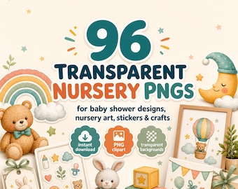 Neutral Nursery Clipart PNG Bundle, 96 Storybook Baby Shower Graphics, Commercial Use Digital Download
