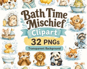 Bath Time Animal Clipart PNG Bundle, Cute Mischief Bathroom Graphics Digital Download