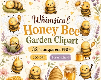 Honey Bee Clipart PNG Bundle, Whimsical Bee Garden Graphics Digital Download