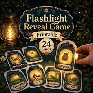 Flashlight Reveal Game Printable | Print Cut Stack Shine Insect Discovery Cards PDF, A4