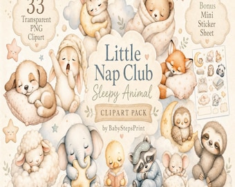 Sleepy Animal Clipart PNG Bundle, Little Nap Club Nursery Graphics Digital Download