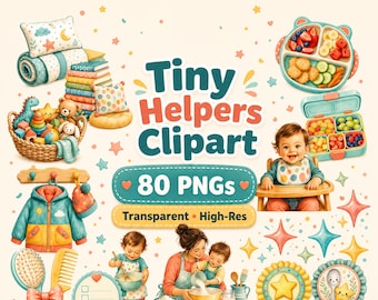 Tiny Helpers Clipart PNG Bundle, 80 Toddler Kids Routine Graphics, Commercial Use Digital Download