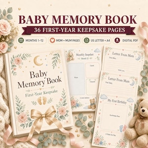 Baby Memory Book Printable, 36 Page First Year Keepsake Journal, Mom and Mum Pages, Baby Shower Gift, A4 and Letter PDF