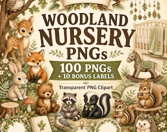 Woodland Nursery Clipart PNG Bundle, Baby Animals Forest Clip Art, Baby Shower Commercial Use Digital Download