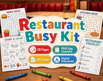Restaurant Activity Printable Toddler Busy Kit, Dining Out Activity Pack, Kids Placemats & Bonus Checklist