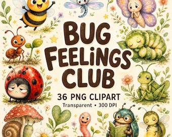 Bug Clipart PNG Bundle, Backyard Bug Feelings Club, Cute Insect Mood Graphics Digital Download