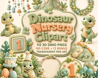 Dinosaur Nursery Clipart PNG Bundle, Baby Dino First Birthday Party Graphics, Commercial Use Digital Download