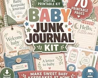 Baby Junk Journal Kit, Neutral Scrapbook Ephemera Pages (Digital Download)