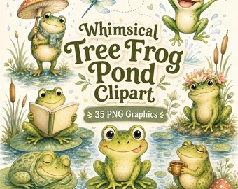 Frog Clipart PNG Bundle, Whimsical Tree Frog Pond Graphics Digital Download